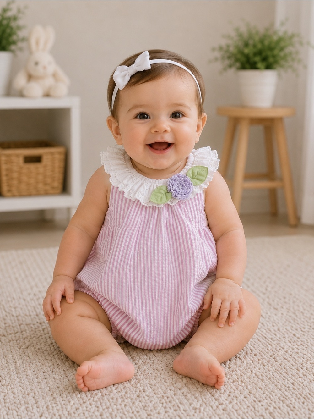 Nursery Rhyme Pink and White Striped Dress with Floral Collar